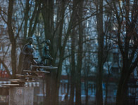 Kiew. Russanovka Uferstraße. Denkmal Treppe
